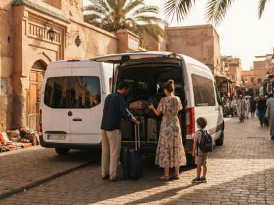 Family loading luggage into a private car rental with driver vehicle in Morocco