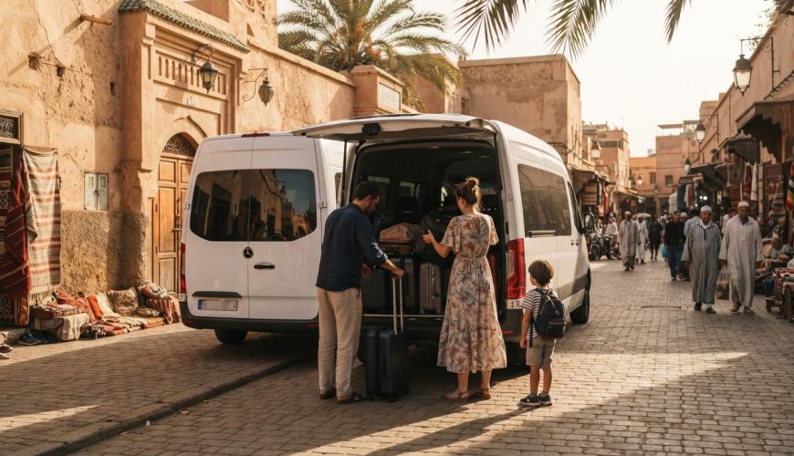 Family loading luggage into a private car rental with driver vehicle in Morocco