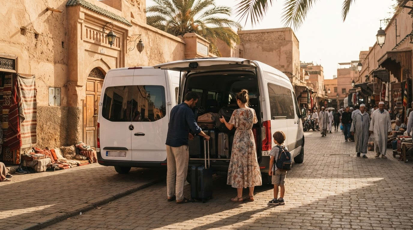 Family loading luggage into a private car rental with driver vehicle in Morocco