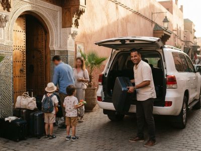 Family loading luggage into a private car with driver outside a Marrakech riad - car rental with driver
