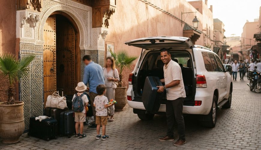 Family loading luggage into a private car with driver outside a Marrakech riad - car rental with driver