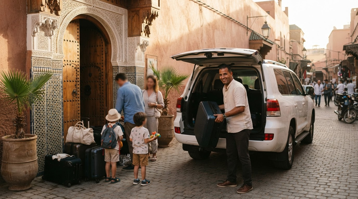 Family loading luggage into a private car with driver outside a Marrakech riad - car rental with driver