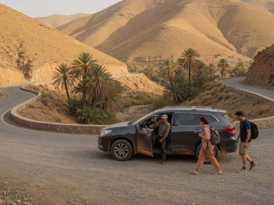 Private driver holding the car door open for travelers on a mountain road in Morocco - car rental with driver