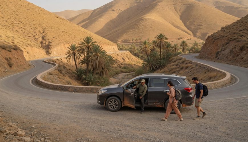 Private driver holding the car door open for travelers on a mountain road in Morocco - car rental with driver
