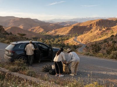 Private driver opening the car door for travelers during a car rental with driver journey in Morocco