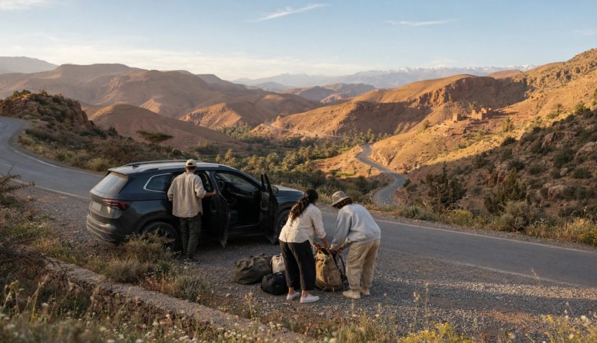 Private driver opening the car door for travelers during a car rental with driver journey in Morocco