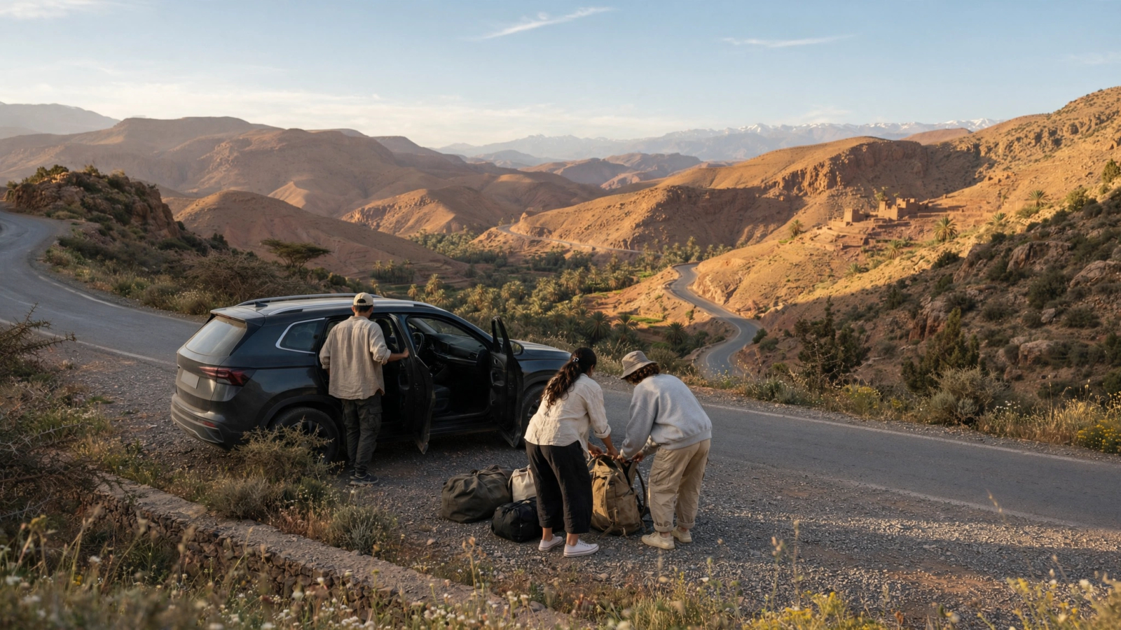 Private driver opening the car door for travelers during a car rental with driver journey in Morocco