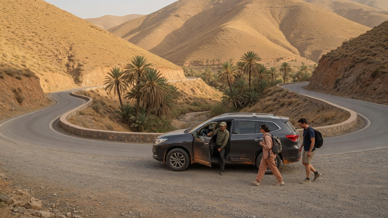 Private driver holding the car door open for travelers on a mountain road in Morocco - car rental with driver