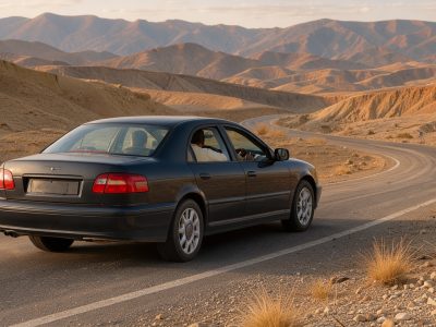 Car rental with driver on a scenic Moroccan road with Atlas mountains in the background