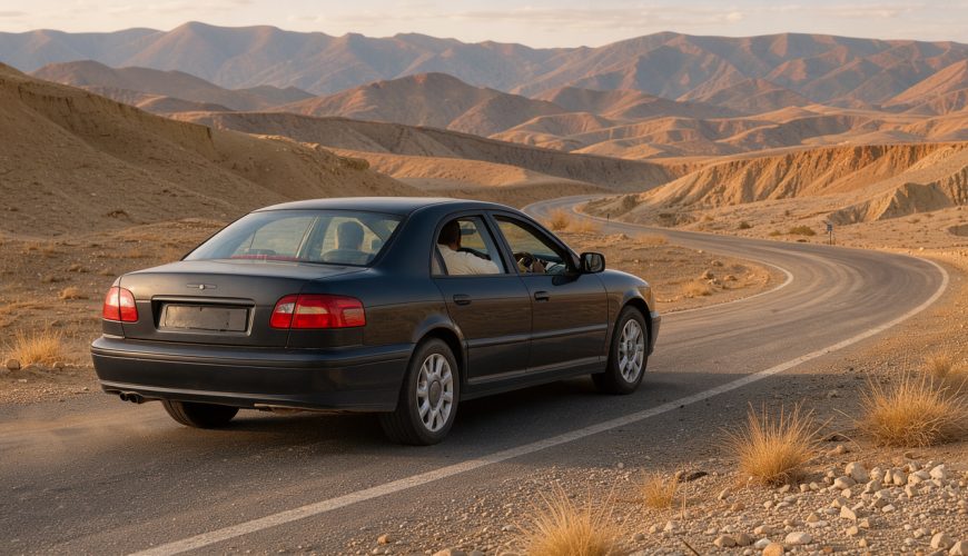 Car rental with driver on a scenic Moroccan road with Atlas mountains in the background