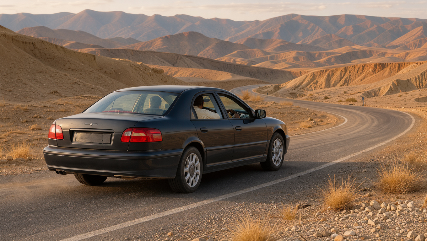 Car rental with driver on a scenic Moroccan road with Atlas mountains in the background