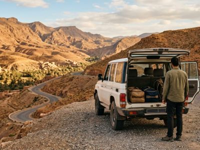 Driver opening the door of a clean 4x4 for travellers during a car rental with driver trip in Morocco