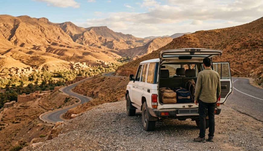 Driver opening the door of a clean 4x4 for travellers during a car rental with driver trip in Morocco