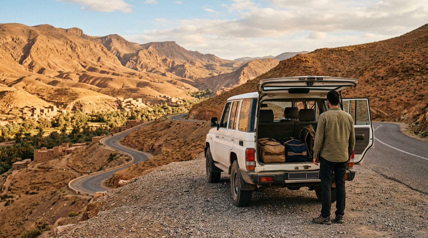 Driver opening the door of a clean 4x4 for travellers during a car rental with driver trip in Morocco