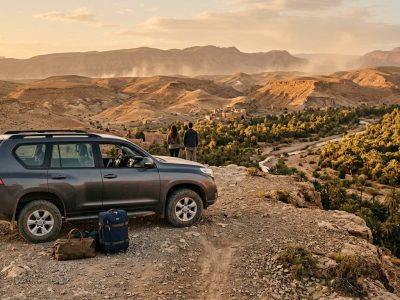 Voyageurs devant un véhicule privé au départ d'une Excursion From Ouarzazate au lever du jour