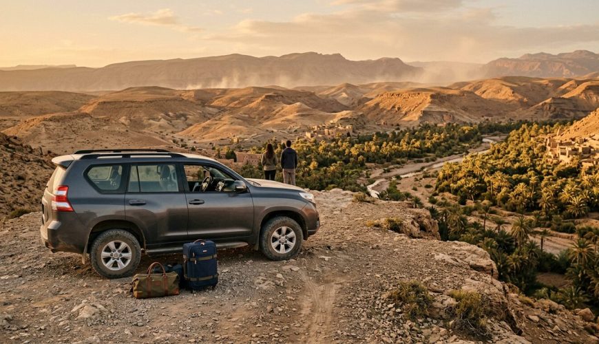 Voyageurs devant un véhicule privé au départ d'une Excursion From Ouarzazate au lever du jour