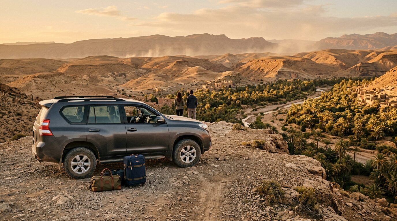 Voyageurs devant un véhicule privé au départ d'une Excursion From Ouarzazate au lever du jour