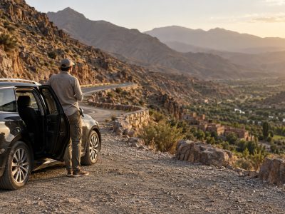 Travelers preparing for an excursion from Ouarzazate beside a 4x4 on a desert road