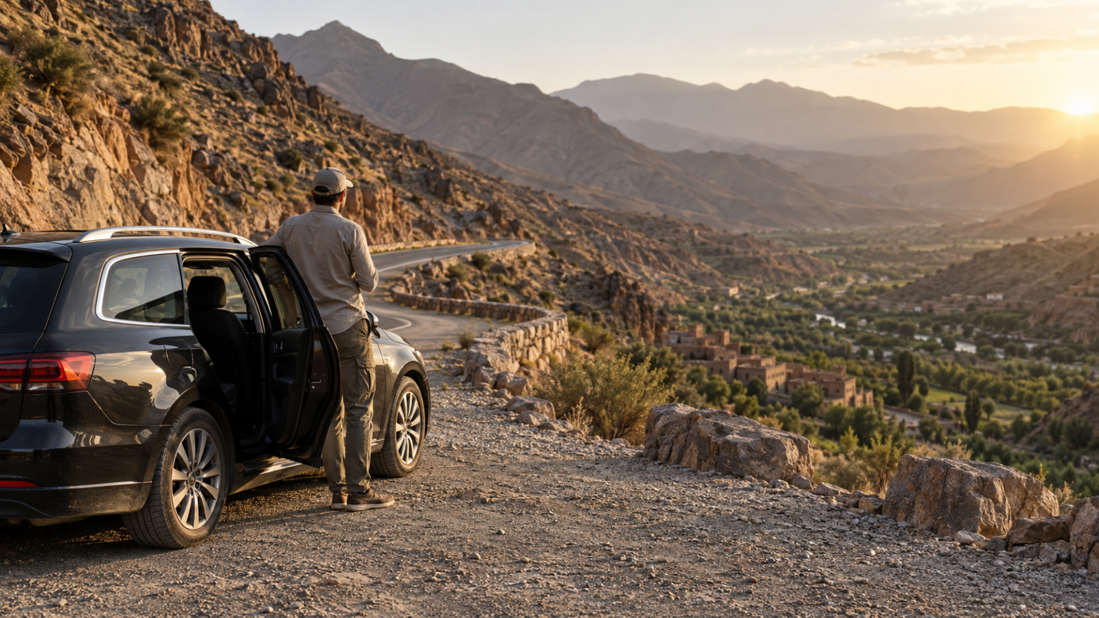 Travelers preparing for an excursion from Ouarzazate beside a 4x4 on a desert road