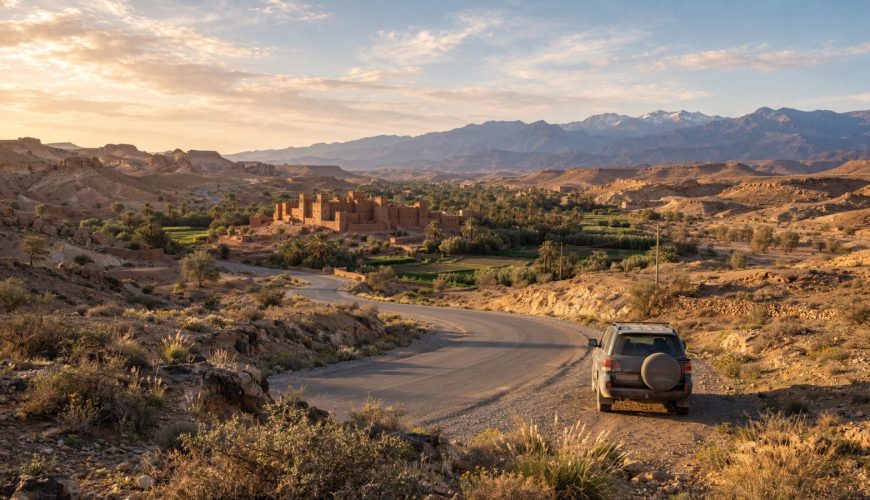 Travelers discussing an Excursion From Ouarzazate beside a kasbah road at golden hour