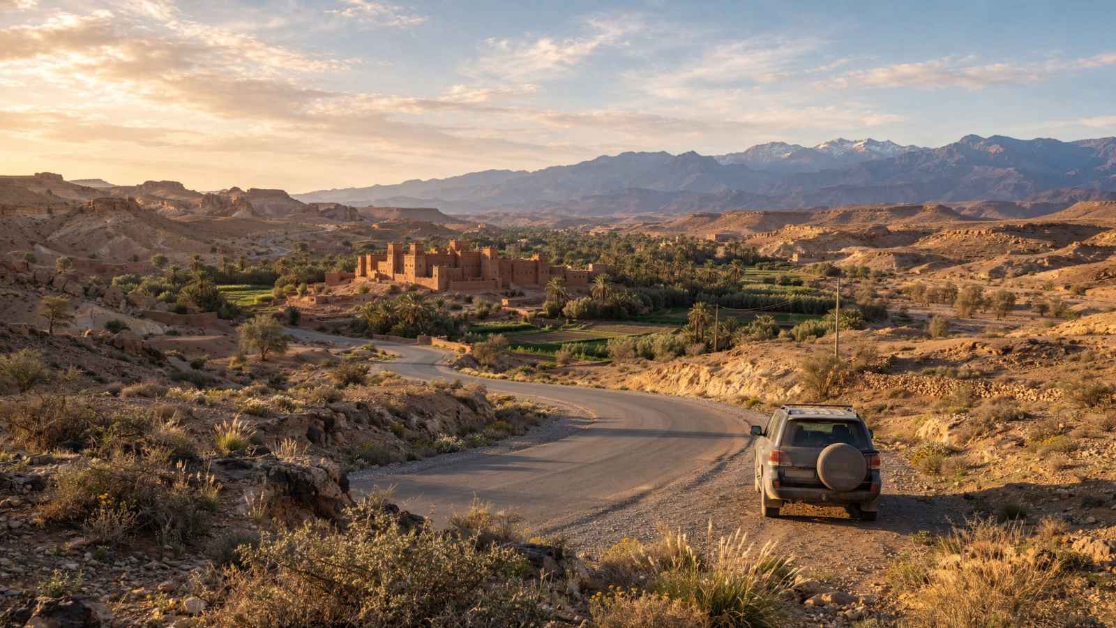 Travelers discussing an Excursion From Ouarzazate beside a kasbah road at golden hour