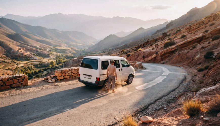 A private driver in Morocco standing beside a clean touring vehicle on a mountain road at golden hour - Morocco driver tours