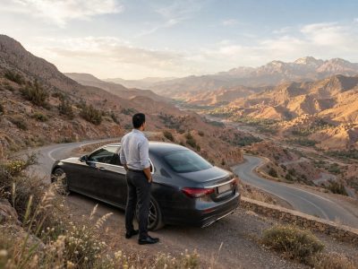Private driver opening the door of a comfortable car on a mountain road during Morocco driver tours