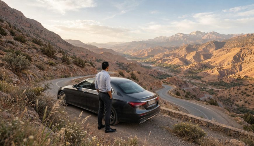 Private driver opening the door of a comfortable car on a mountain road during Morocco driver tours