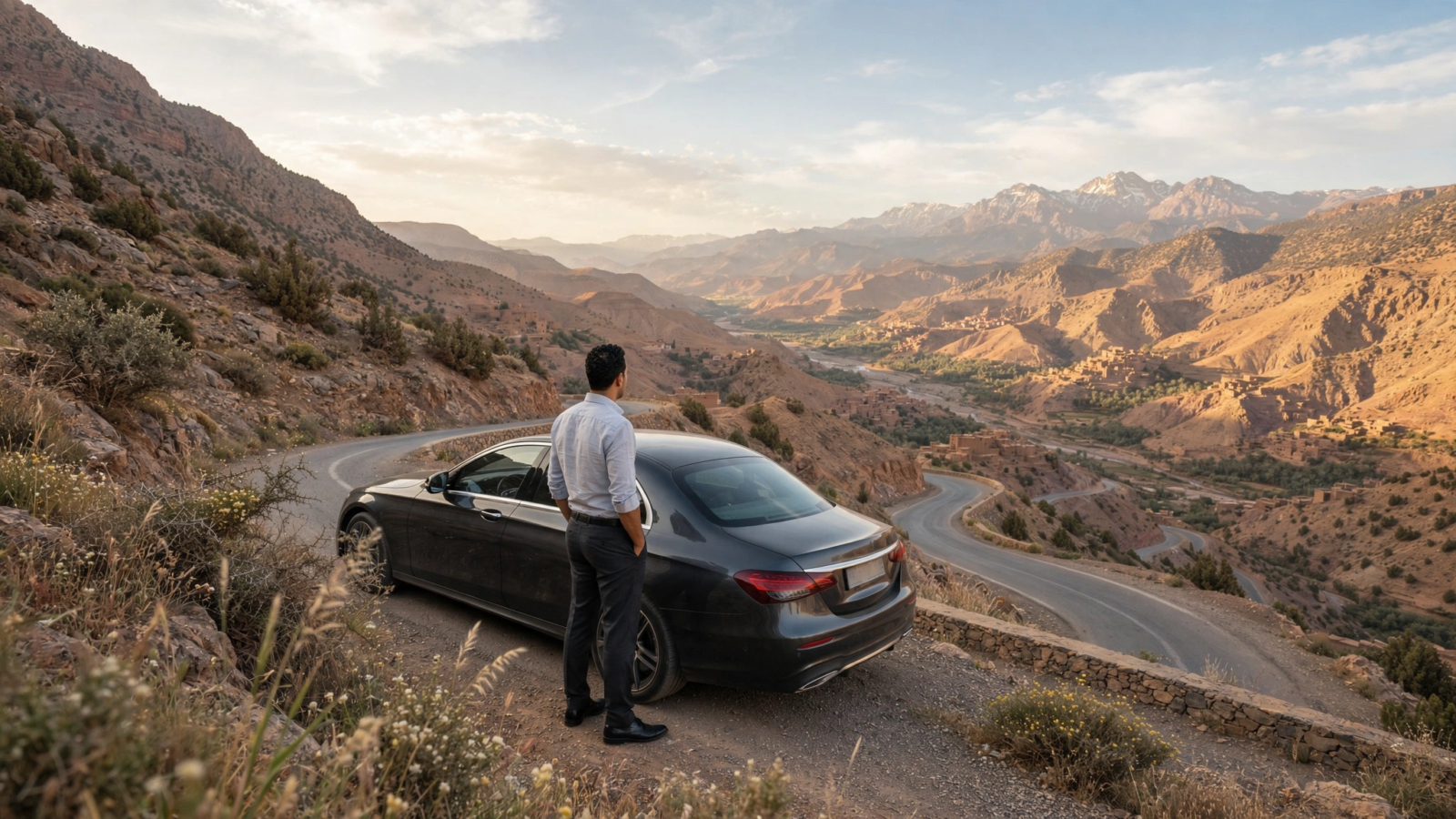 Private driver opening the door of a comfortable car on a mountain road during Morocco driver tours