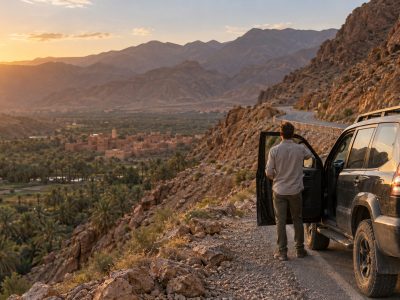 Private driver waiting beside his car on a scenic road in Morocco - Morocco driver tours