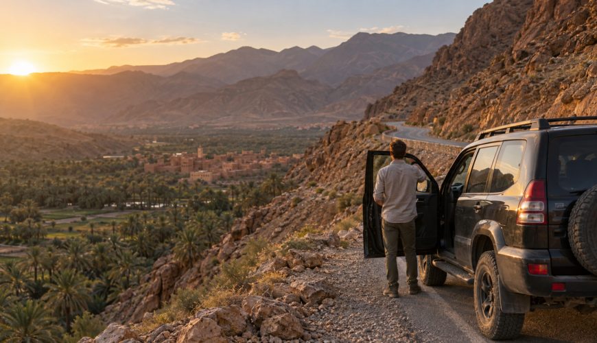 Private driver waiting beside his car on a scenic road in Morocco - Morocco driver tours