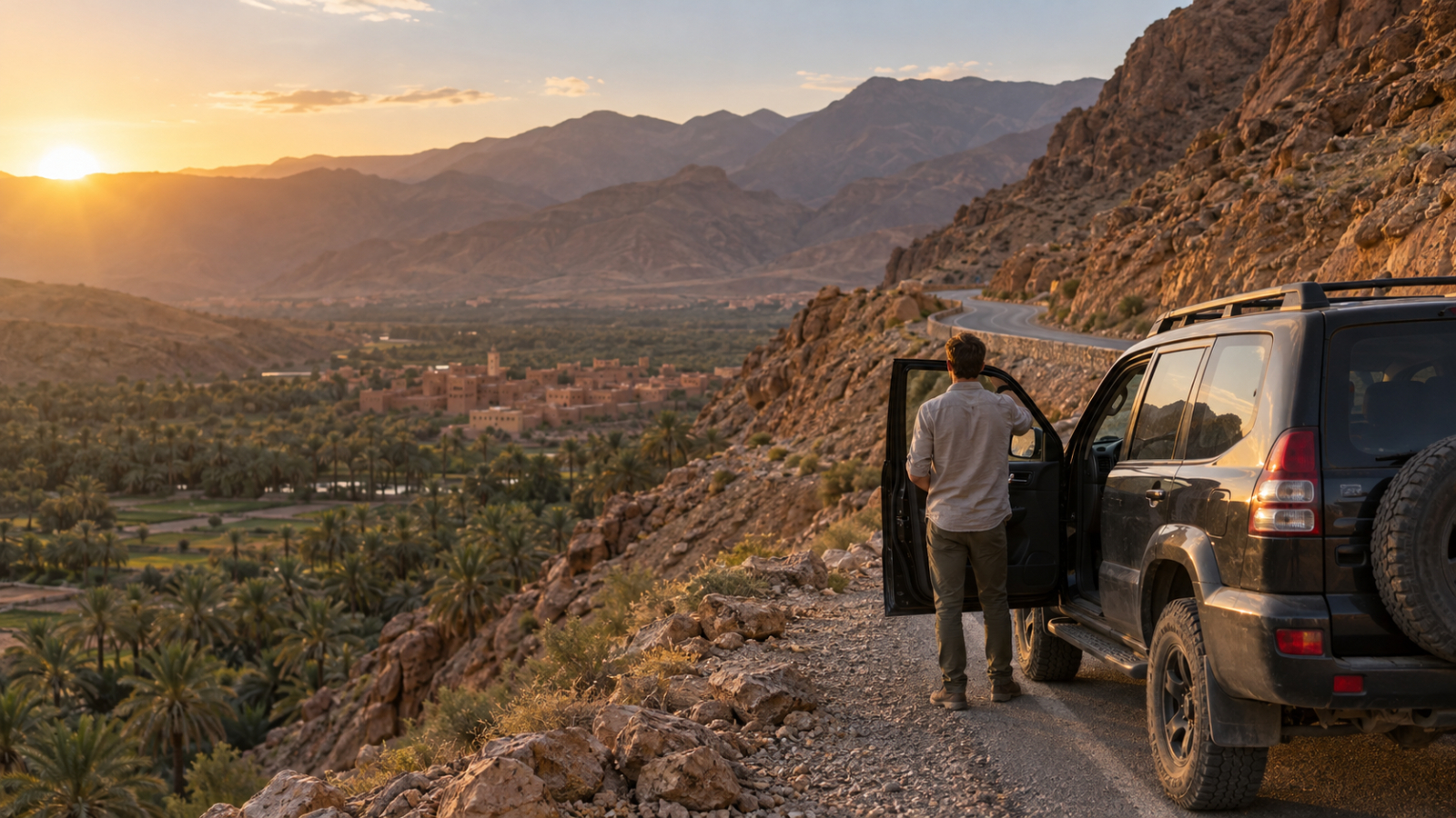 Private driver waiting beside his car on a scenic road in Morocco - Morocco driver tours