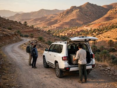 A private Morocco driver waiting beside a clean 4x4 on a scenic road in the Atlas Mountains