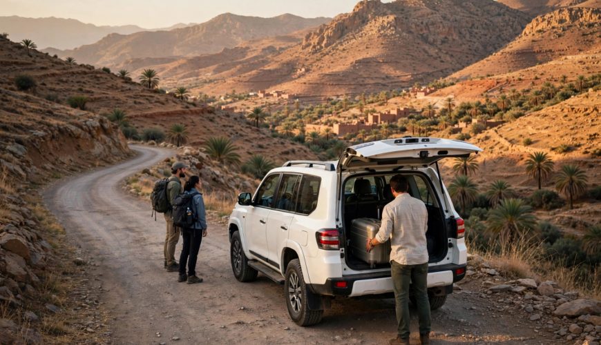 A private Morocco driver waiting beside a clean 4x4 on a scenic road in the Atlas Mountains