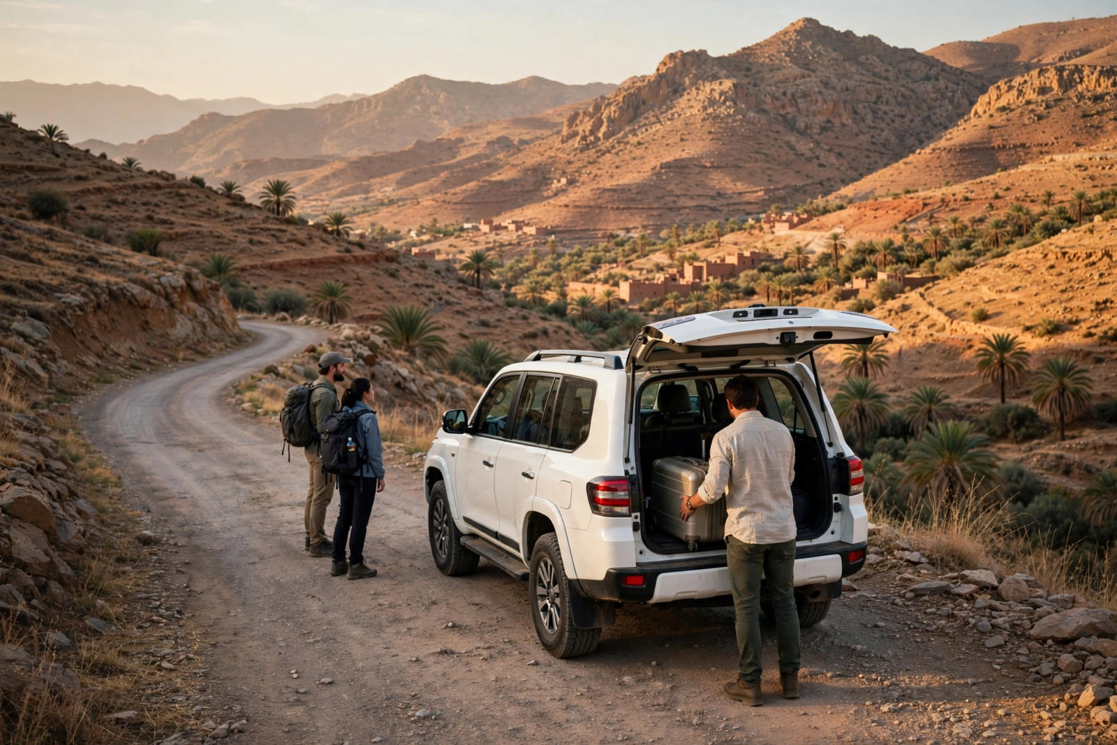 A private Morocco driver waiting beside a clean 4x4 on a scenic road in the Atlas Mountains