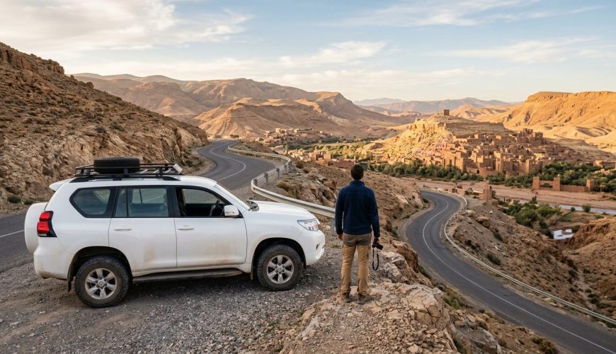 Private Morocco Driver waiting with a 4x4 near the Atlas Mountains on a Marrakech to Ouarzazate route
