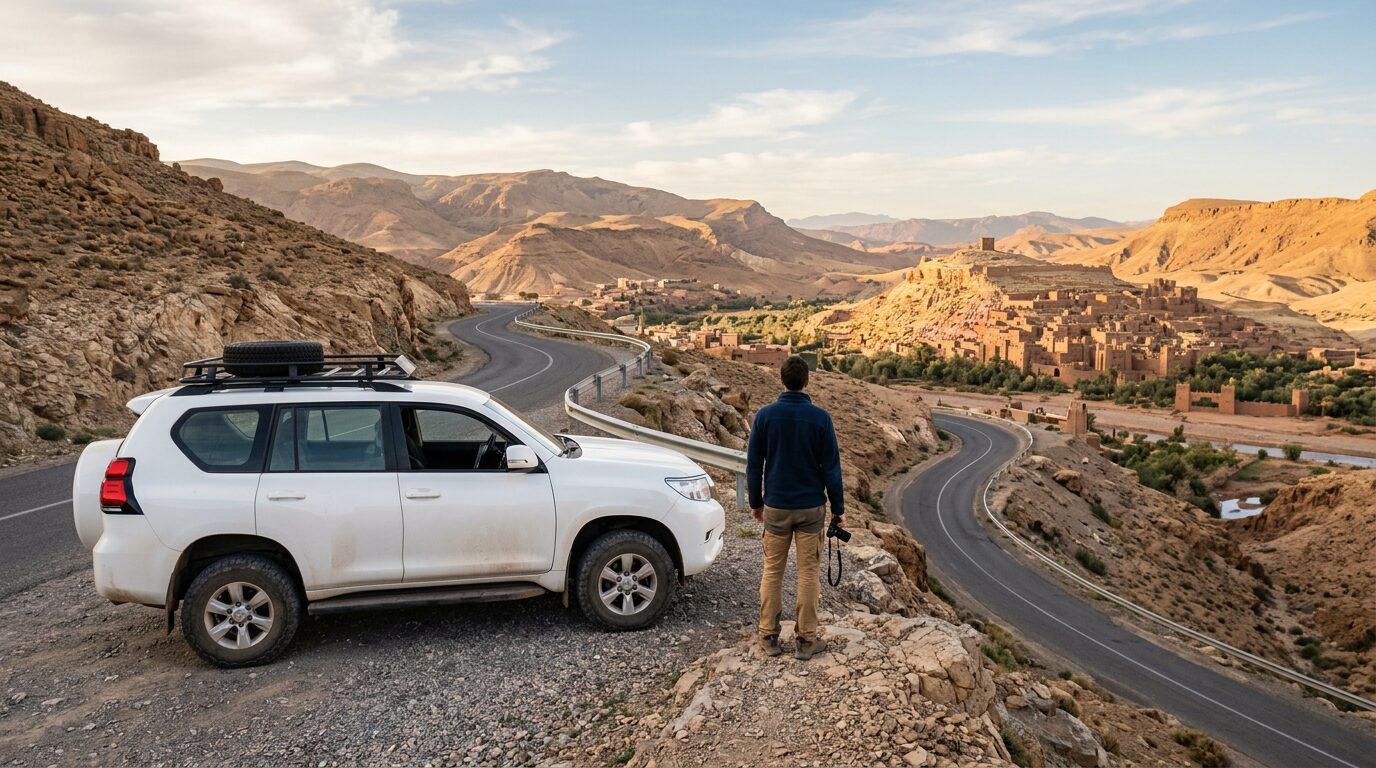 Private Morocco Driver waiting with a 4x4 near the Atlas Mountains on a Marrakech to Ouarzazate route