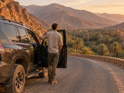 Private Morocco driver waiting beside a comfortable vehicle on a scenic road in the Atlas Mountains