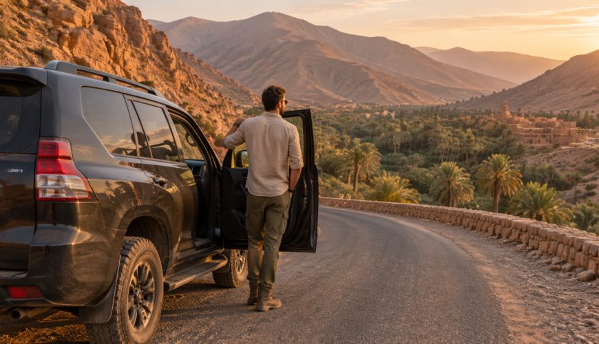 Private Morocco driver waiting beside a comfortable vehicle on a scenic road in the Atlas Mountains