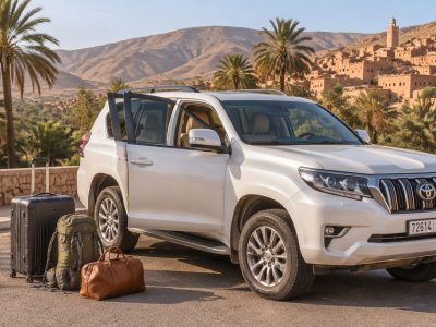 Private Morocco Driver waiting beside a comfortable car on a scenic Moroccan road
