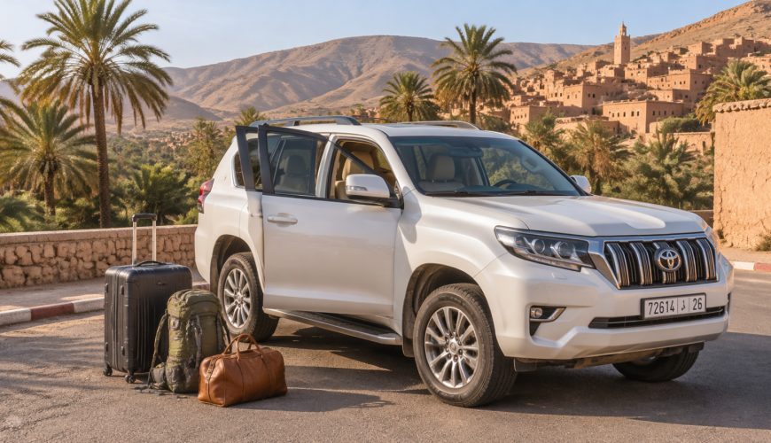 Private Morocco Driver waiting beside a comfortable car on a scenic Moroccan road