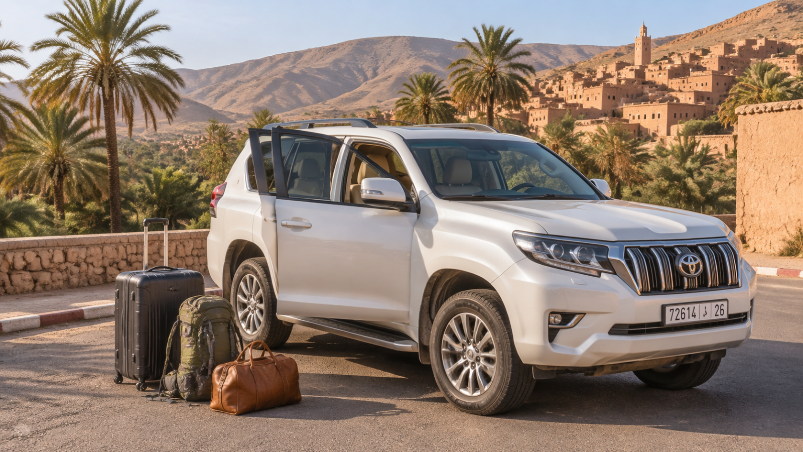 Private Morocco Driver waiting beside a comfortable car on a scenic Moroccan road
