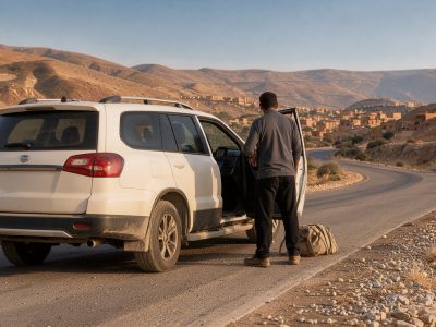 Private Morocco Driver waiting beside a car on a scenic mountain road in Morocco