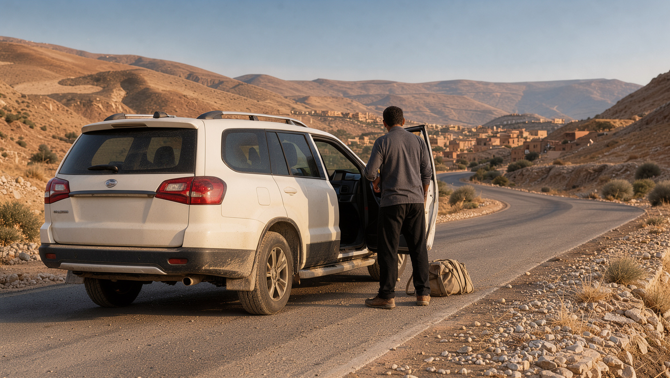 Private Morocco Driver waiting beside a car on a scenic mountain road in Morocco