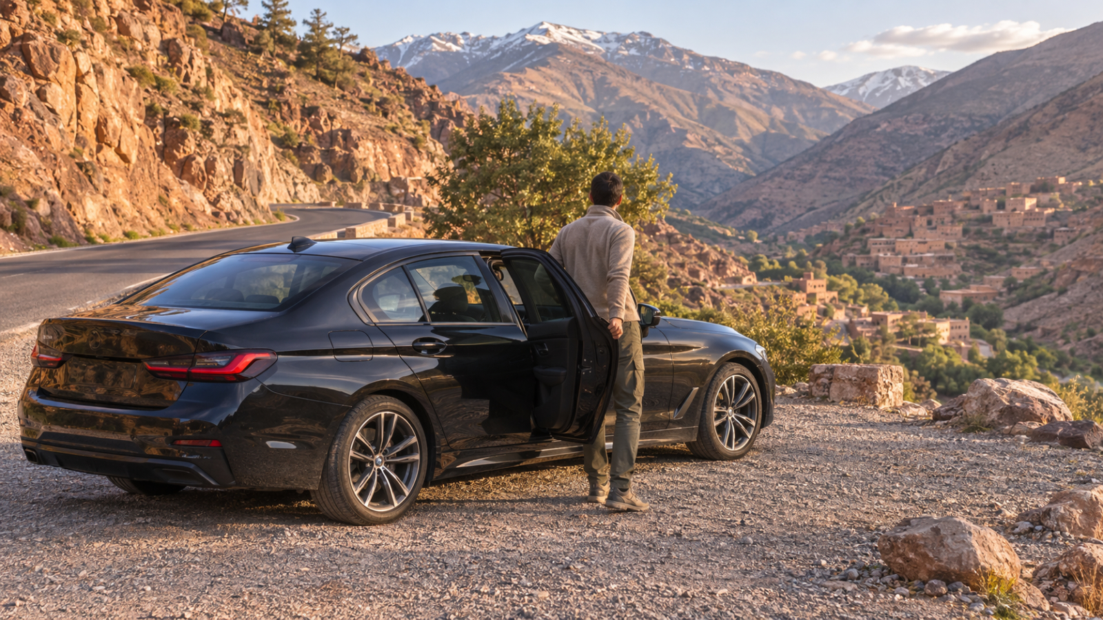 Private Morocco Driver waiting beside a comfortable car on a scenic mountain road