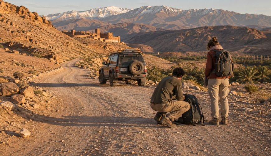 Travelers discussing questions with a Private Morocco Driver beside a comfortable vehicle in Morocco