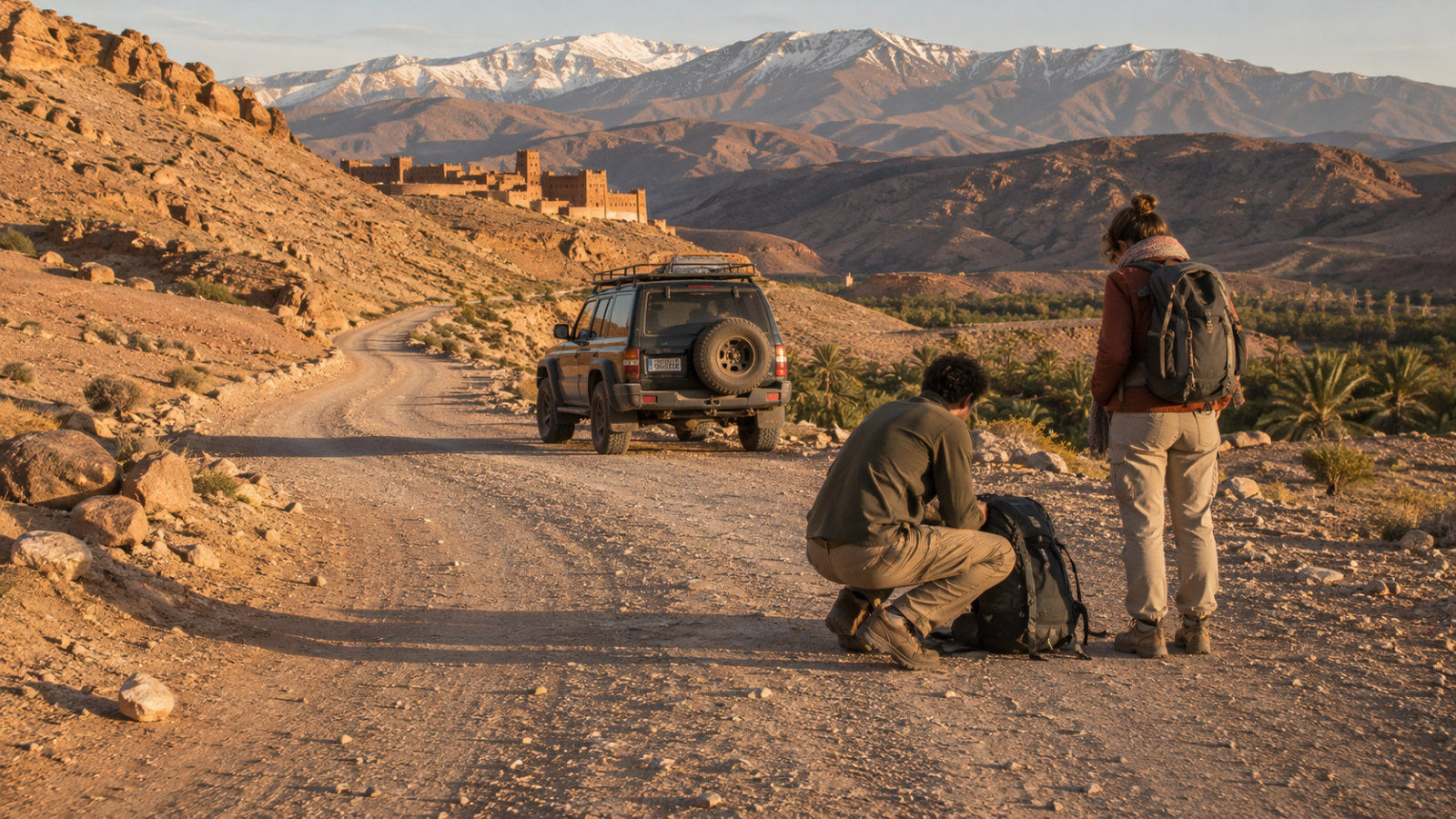 Travelers discussing questions with a Private Morocco Driver beside a comfortable vehicle in Morocco
