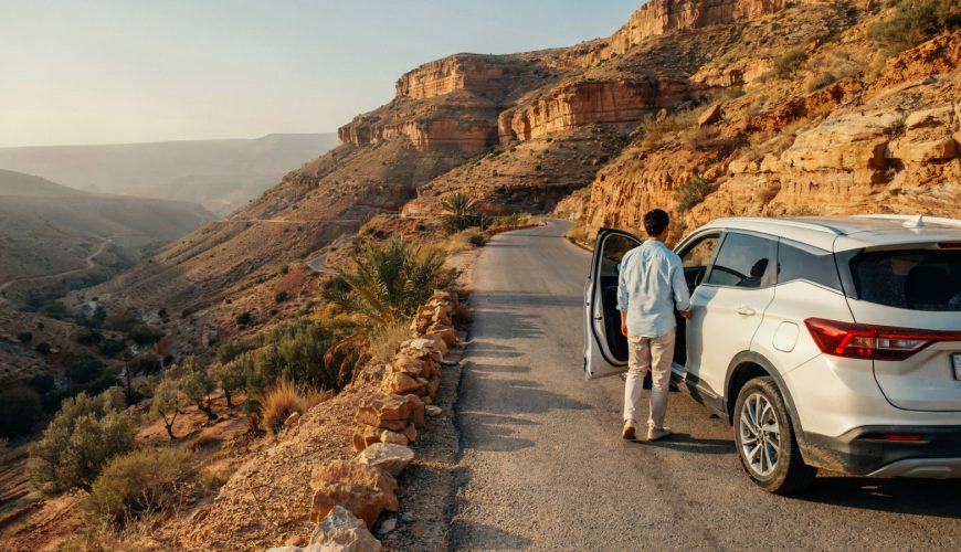 Private Morocco Driver waiting beside a car on a scenic road in Morocco